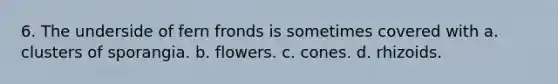 6. The underside of fern fronds is sometimes covered with a. clusters of sporangia. b. flowers. c. cones. d. rhizoids.