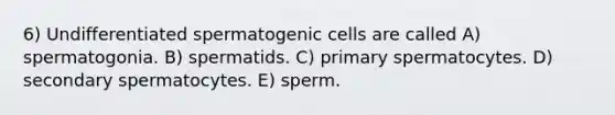 6) Undifferentiated spermatogenic cells are called A) spermatogonia. B) spermatids. C) primary spermatocytes. D) secondary spermatocytes. E) sperm.