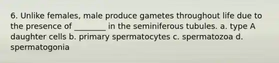 6. Unlike females, male produce gametes throughout life due to the presence of ________ in the seminiferous tubules. a. type A daughter cells b. primary spermatocytes c. spermatozoa d. spermatogonia