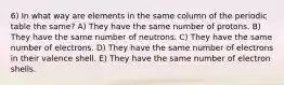 6) In what way are elements in the same column of the periodic table the same? A) They have the same number of protons. B) They have the same number of neutrons. C) They have the same number of electrons. D) They have the same number of electrons in their valence shell. E) They have the same number of electron shells.