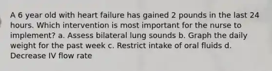 A 6 year old with heart failure has gained 2 pounds in the last 24 hours. Which intervention is most important for the nurse to implement? a. Assess bilateral lung sounds b. Graph the daily weight for the past week c. Restrict intake of oral fluids d. Decrease IV flow rate