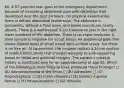 60. A 57-year-old man goes to the emergency department because of increasing abdominal pain with distention that developed over the past 24 hours. On physical examination, there is diffuse abdominal tenderness. The abdomen is tympanitic, without a fluid wave, and bowel sounds are nearly absent. There is a well-healed, 5-cm transverse scar in the right lower quadrant of the abdomen. There is no caput medusae. A stool sample is negative for occult blood. An abdominal plain film shows dilated loops of small bowel with air-fluid levels, but there is no free air. At laparotomy, the surgeon notices a 20-cm portion of reddish black ileum that changes abruptly to pink-appearing bowel on distal and proximal margins. The patient's medical history is significant only for an appendectomy at age 25. Which of the following is most likely to have produced these findings? □ (A) Adenocarcinoma of the ileum □ (B) Adhesions □ (C) Angiodysplasia □ (D) Crohn disease □ (E) Indirect inguinal hernia □ (F) Intussusception □ (G) Volvulus