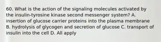 60. What is the action of the signaling molecules activated by the insulin-tyrosine kinase second messenger system? A. insertion of glucose carrier proteins into the plasma membrane B. hydrolysis of glycogen and secretion of glucose C. transport of insulin into the cell D. All apply