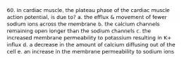 60. In cardiac muscle, the plateau phase of the cardiac muscle action potential, is due to? a. the efflux & movement of fewer sodium ions across the membrane b. the calcium channels remaining open longer than the sodium channels c. the increased membrane permeability to potassium resulting in K+ influx d. a decrease in the amount of calcium diffusing out of the cell e. an increase in the membrane permeability to sodium ions