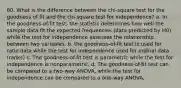 60. What is the difference between the chi-square test for the goodness of fit and the chi-square test for independence? a. In the goodness-of-fit test, the statistic determines how well the sample data fit the expected frequencies (data predicted by H0) while the test for independence assesses the relationship between two variables. b. the goodness-of-fit test is used for ratio data while the test for independence used for ordinal data (ranks) c. The goodness-of-fit test is parametric while the test for independence is nonparametric. d. The goodness-of-fit test can be compared to a two-way ANOVA, while the test for independence can be compared to a one-way ANOVA.