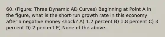 60. (Figure: Three Dynamic AD Curves) Beginning at Point A in the figure, what is the short-run growth rate in this economy after a negative money shock? A) 1.2 percent B) 1.8 percent C) 3 percent D) 2 percent E) None of the above.