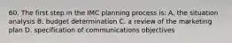 60. The first step in the IMC planning process is: A. the situation analysis B. budget determination C. a review of the marketing plan D. specification of communications objectives