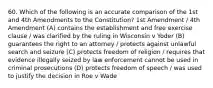 60. Which of the following is an accurate comparison of the 1st and 4th Amendments to the Constitution? 1st Amendment / 4th Amendment (A) contains the establishment and free exercise clause / was clarified by the ruling in Wisconsin v Yoder (B) guarantees the right to an attorney / protects against unlawful search and seizure (C) protects freedom of religion / requires that evidence illegally seized by law enforcement cannot be used in criminal prosecutions (D) protects freedom of speech / was used to justify the decision in Roe v Wade