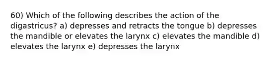 60) Which of the following describes the action of the digastricus? a) depresses and retracts the tongue b) depresses the mandible or elevates the larynx c) elevates the mandible d) elevates the larynx e) depresses the larynx