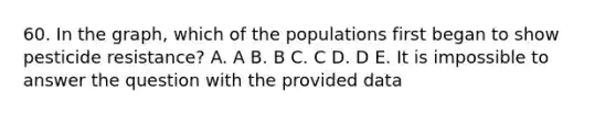 60. In the graph, which of the populations first began to show pesticide resistance? A. A B. B C. C D. D E. It is impossible to answer the question with the provided data