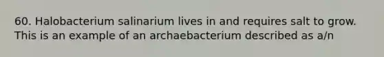 60. Halobacterium salinarium lives in and requires salt to grow. This is an example of an archaebacterium described as a/n