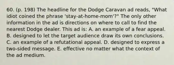 60. (p. 198) The headline for the Dodge Caravan ad reads, "What idiot coined the phrase 'stay-at-home-mom'?" The only other information in the ad is directions on where to call to find the nearest Dodge dealer. This ad is: A. an example of a fear appeal. B. designed to let the target audience draw its own conclusions. C. an example of a refutational appeal. D. designed to express a two-sided message. E. effective no matter what the context of the ad medium.