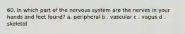 60. In which part of the nervous system are the nerves in your hands and feet found? a. peripheral b . vascular c . vagus d . skeletal