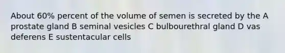 About 60% percent of the volume of semen is secreted by the A prostate gland B seminal vesicles C bulbourethral gland D vas deferens E sustentacular cells