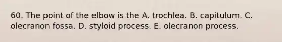 60. The point of the elbow is the A. trochlea. B. capitulum. C. olecranon fossa. D. styloid process. E. olecranon process.