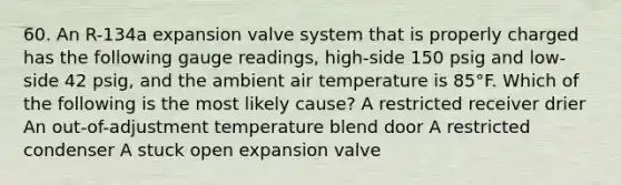 60. An R-134a expansion valve system that is properly charged has the following gauge readings, high-side 150 psig and low-side 42 psig, and the ambient air temperature is 85°F. Which of the following is the most likely cause? A restricted receiver drier An out-of-adjustment temperature blend door A restricted condenser A stuck open expansion valve