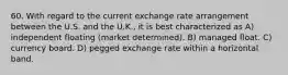 60. With regard to the current exchange rate arrangement between the U.S. and the U.K., it is best characterized as A) independent floating (market determined). B) managed float. C) currency board. D) pegged exchange rate within a horizontal band.