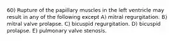 60) Rupture of the papillary muscles in the left ventricle may result in any of the following except A) mitral regurgitation. B) mitral valve prolapse. C) bicuspid regurgitation. D) bicuspid prolapse. E) pulmonary valve stenosis.