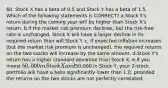 60. Stock X has a beta of 0.5 and Stock Y has a beta of 1.5. Which of the following statements is CORRECT? a.Stock Y's return during the coming year will be higher than Stock X's return. b.If the market risk premium declines, but the risk-free rate is unchanged, Stock X will have a larger decline in its required return than will Stock Y. c. If expected inflation increases (but the market risk premium is unchanged), the required returns on the two stocks will increase by the same amount. d.Stock Y's return has a higher standard deviation than Stock X. e.If you invest 50,000 in Stock X and50,000 in Stock Y, your 2-stock portfolio will have a beta significantly lower than 1.0, provided the returns on the two stocks are not perfectly correlated.