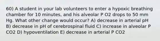 60) A student in your lab volunteers to enter a hypoxic breathing chamber for 10 minutes, and his alveolar P O2 drops to 50 mm Hg. What other change would occur? A) decrease in arterial pH B) decrease in pH of cerebrospinal fluid C) increase in alveolar P CO2 D) hypoventilation E) decrease in arterial P CO2