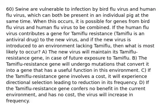 60) Swine are vulnerable to infection by bird flu virus and human flu virus, which can both be present in an individual pig at the same time. When this occurs, it is possible for genes from bird flu virus and human flu virus to be combined. If the human flu virus contributes a gene for Tamiflu resistance (Tamiflu is an antiviral drug) to the new virus, and if the new virus is introduced to an environment lacking Tamiflu, then what is most likely to occur? A) The new virus will maintain its Tamiflu-resistance gene, in case of future exposure to Tamiflu. B) The Tamiflu-resistance gene will undergo mutations that convert it into a gene that has a useful function in this environment. C) If the Tamiflu-resistance gene involves a cost, it will experience directional selection leading to reduction in its frequency. D) If the Tamiflu-resistance gene confers no benefit in the current environment, and has no cost, the virus will increase in frequency.