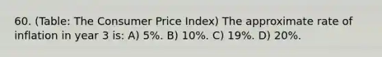 60. (Table: The Consumer Price Index) The approximate rate of inflation in year 3 is: A) 5%. B) 10%. C) 19%. D) 20%.