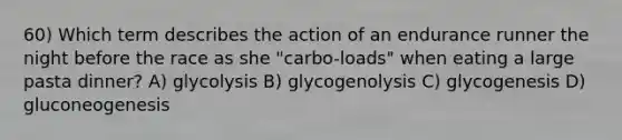 60) Which term describes the action of an endurance runner the night before the race as she "carbo-loads" when eating a large pasta dinner? A) glycolysis B) glycogenolysis C) glycogenesis D) gluconeogenesis