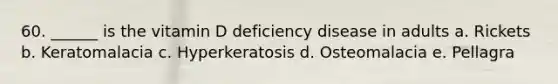 60. ______ is the vitamin D deficiency disease in adults a. Rickets b. Keratomalacia c. Hyperkeratosis d. Osteomalacia e. Pellagra