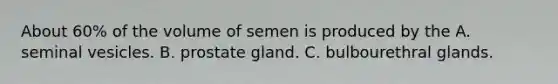 About 60% of the volume of semen is produced by the A. seminal vesicles. B. prostate gland. C. bulbourethral glands.