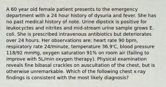 A 60 year old female patient presents to the emergency department with a 24 hour history of dysuria and fever. She has no past medical history of note. Urine dipstick is positive for leukocyctes and nitrites and mid-stream urine sample grows E. coli. She is prescribed intravenous antibiotics but deteriorates over 24 hours. Her observations are: heart rate 90 bpm, respiratory rate 24/minute, temperature 36.9'C, blood pressure 118/92 mmHg, oxygen saturation 91% on room air (failing to improve with 5L/min oxygen therapy). Physical examination reveals fine bibasal crackles on auscultation of the chest, but is otherwise unremarkable. Which of the following chest x-ray findings is consistent with the most likely diagnosis?