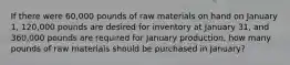 If there were 60,000 pounds of raw materials on hand on January 1, 120,000 pounds are desired for inventory at January 31, and 360,000 pounds are required for January production, how many pounds of raw materials should be purchased in January?