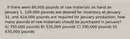 . If there were 60,000 pounds of raw materials on hand on January 1, 120,000 pounds are desired for inventory at January 31, and 410,000 pounds are required for January production, how many pounds of raw materials should be purchased in January? A) 350,000 pounds B) 530,000 pounds C) 290,000 pounds D) 470,000 pounds