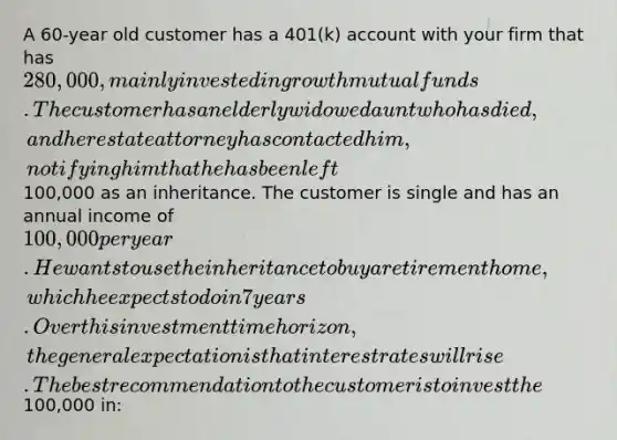 A 60-year old customer has a 401(k) account with your firm that has 280,000, mainly invested in growth mutual funds. The customer has an elderly widowed aunt who has died, and her estate attorney has contacted him, notifying him that he has been left100,000 as an inheritance. The customer is single and has an annual income of 100,000 per year. He wants to use the inheritance to buy a retirement home, which he expects to do in 7 years. Over this investment time horizon, the general expectation is that interest rates will rise. The best recommendation to the customer is to invest the100,000 in: