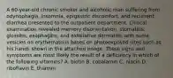 A 60-year-old chronic smoker and alcoholic man suffering from odynophagia, insomnia, epigastric discomfort, and recurrent diarrhea presented to the outpatient department. Clinical examination revealed memory disorientation, stomatitis, glossitis, esophagitis, and exfoliative dermatitis with some vesicles on erythematous bases on photoexposed sites such as his hands shown in the attached image. These signs and symptoms are most likely the result of a deficiency in which of the following vitamins? A. biotin B. cobalamin C. niacin D. riboflavin E. thiamin