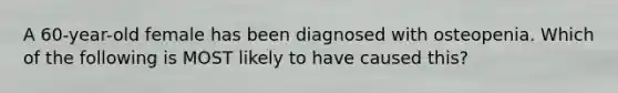 A 60-year-old female has been diagnosed with osteopenia. Which of the following is MOST likely to have caused this?