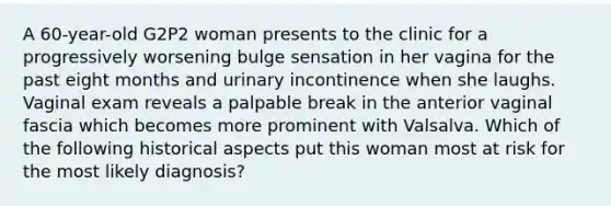 A 60-year-old G2P2 woman presents to the clinic for a progressively worsening bulge sensation in her vagina for the past eight months and urinary incontinence when she laughs. Vaginal exam reveals a palpable break in the anterior vaginal fascia which becomes more prominent with Valsalva. Which of the following historical aspects put this woman most at risk for the most likely diagnosis?