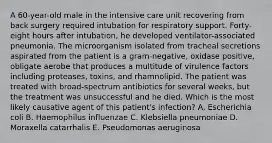 A 60-year-old male in the intensive care unit recovering from back surgery required intubation for respiratory support. Forty-eight hours after intubation, he developed ventilator-associated pneumonia. The microorganism isolated from tracheal secretions aspirated from the patient is a gram-negative, oxidase positive, obligate aerobe that produces a multitude of virulence factors including proteases, toxins, and rhamnolipid. The patient was treated with broad-spectrum antibiotics for several weeks, but the treatment was unsuccessful and he died. Which is the most likely causative agent of this patient's infection? A. Escherichia coli B. Haemophilus influenzae C. Klebsiella pneumoniae D. Moraxella catarrhalis E. Pseudomonas aeruginosa