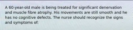 A 60-year-old male is being treated for significant denervation and muscle fibre atrophy. His movements are still smooth and he has no cognitive defects. The nurse should recognize the signs and symptoms of: