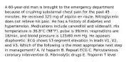 A 60-year-old man is brought to the emergency department because of crushing substernal chest pain for the past 45 minutes. He received 325 mg of aspirin en route. Nitroglycerin does not relieve his pain. He has a history of diabetes and hypertension. Medications include carvedilol and sildenafil. His temperature is 36.8°C (98°F), pulse is 99/min, respirations are 18/min, and blood pressure is 125/80 mm Hg. He appears diaphoretic. ECG shows ST-segment elevation in leads V1, V2, and V3. Which of the following is the most appropriate next step in management? A. IV heparin B. Repeat ECG C. Percutaneous coronary intervention D. Fibrinolytic drugs E. Troponin T level