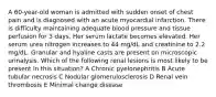 A 60-year-old woman is admitted with sudden onset of chest pain and is diagnosed with an acute myocardial infarction. There is difficulty maintaining adequate blood pressure and tissue perfusion for 3 days. Her serum lactate becomes elevated. Her serum urea nitrogen increases to 44 mg/dL and creatinine to 2.2 mg/dL. Granular and hyaline casts are present on microscopic urinalysis. Which of the following renal lesions is most likely to be present in this situation? A Chronic pyelonephritis B Acute tubular necrosis C Nodular glomerulosclerosis D Renal vein thrombosis E Minimal change disease