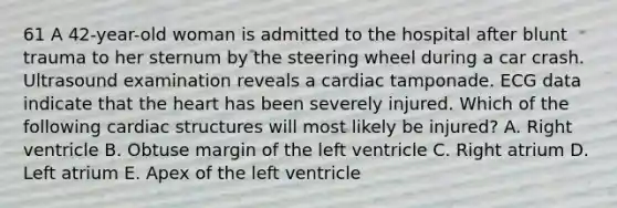 61 A 42-year-old woman is admitted to the hospital after blunt trauma to her sternum by the steering wheel during a car crash. Ultrasound examination reveals a cardiac tamponade. ECG data indicate that the heart has been severely injured. Which of the following cardiac structures will most likely be injured? A. Right ventricle B. Obtuse margin of the left ventricle C. Right atrium D. Left atrium E. Apex of the left ventricle