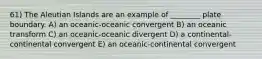 61) The Aleutian Islands are an example of ________ plate boundary. A) an oceanic-oceanic convergent B) an oceanic transform C) an oceanic-oceanic divergent D) a continental-continental convergent E) an oceanic-continental convergent