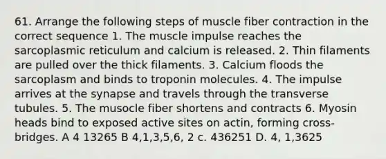 61. Arrange the following steps of muscle fiber contraction in the correct sequence 1. The muscle impulse reaches the sarcoplasmic reticulum and calcium is released. 2. Thin filaments are pulled over the thick filaments. 3. Calcium floods the sarcoplasm and binds to troponin molecules. 4. The impulse arrives at the synapse and travels through the transverse tubules. 5. The musocle fiber shortens and contracts 6. Myosin heads bind to exposed active sites on actin, forming cross-bridges. A 4 13265 B 4,1,3,5,6, 2 c. 436251 D. 4, 1,3625