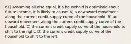 61) Assuming all else equal, if a household is optimistic about future income, it is likely to cause: A) a downward movement along the current credit supply curve of the household. B) an upward movement along the current credit supply curve of the household. C) the current credit supply curve of the household to shift to the right. D) the current credit supply curve of the household to shift to the left.