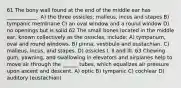 61 The bony wall found at the end of the middle ear has ____________. A) the three ossicles: malleus, incus and stapes B) tympanic membrane C) an oval window and a round window D) no openings but is solid 62 The small bones located in the middle ear, known collectively as the ossicles, include: A) tympanum, oval and round windows. B) pinna, vestibule and eustachian. C) malleus, incus, and stapes. D) ossicles I, II and III. 63 Chewing gum, yawning, and swallowing in elevators and airplanes help to move air through the ______ tubes, which equalizes air pressure upon ascent and descent. A) optic B) tympanic C) cochlear D) auditory (eustachian)