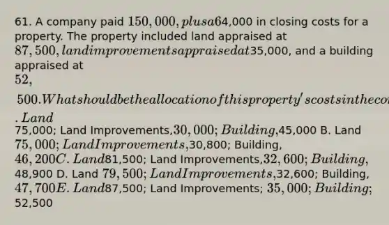 61. A company paid 150,000, plus a 6% commission, and4,000 in closing costs for a property. The property included land appraised at 87,500, land improvements appraised at35,000, and a building appraised at 52,500. What should be the allocation of this property's costs in the company's accounting records? A. Land75,000; Land Improvements,30,000; Building,45,000 B. Land 75,000; Land Improvements,30,800; Building, 46,200 C. Land81,500; Land Improvements,32,600; Building,48,900 D. Land 79,500; Land Improvements,32,600; Building, 47,700 E. Land87,500; Land Improvements; 35,000; Building;52,500