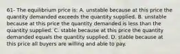 61- The equilibrium price is: A. unstable because at this price the quantity demanded exceeds the quantity supplied. B. unstable because at this price the quantity demanded is less than the quantity supplied. C. stable because at this price the quantity demanded equals the quantity supplied. D. stable because at this price all buyers are willing and able to pay.