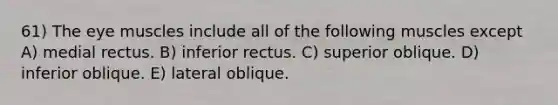 61) The eye muscles include all of the following muscles except A) medial rectus. B) inferior rectus. C) superior oblique. D) inferior oblique. E) lateral oblique.