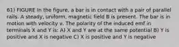 61) FIGURE In the figure, a bar is in contact with a pair of parallel rails. A steady, uniform, magnetic field B is present. The bar is in motion with velocity ν. The polarity of the induced emf in terminals X and Y is: A) X and Y are at the same potential B) Y is positive and X is negative C) X is positive and Y is negative