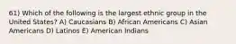 61) Which of the following is the largest ethnic group in the United States? A) Caucasians B) African Americans C) Asian Americans D) Latinos E) American Indians